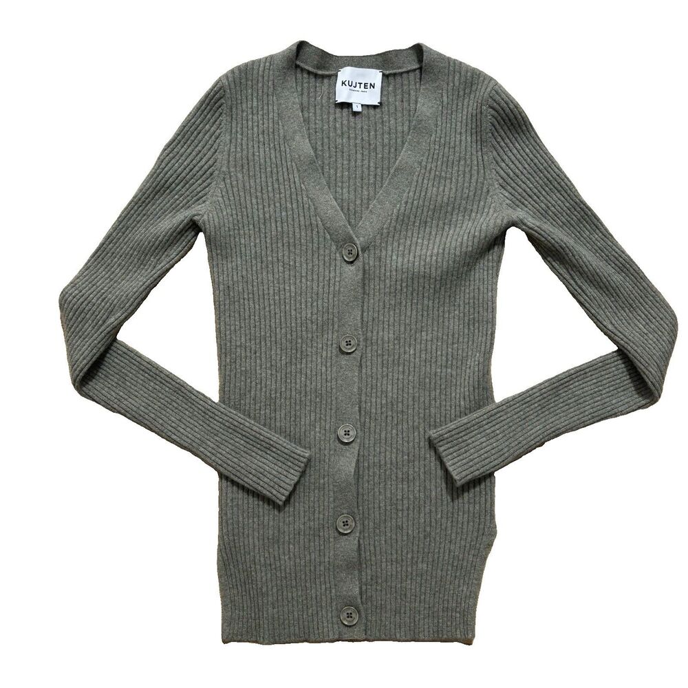Kujten Cardigan Women’s Sz 1 US Small Marl Khaki Rib Knit 100% Cashmere Luxury